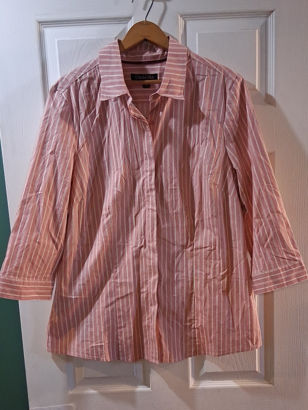 Chadwicks Pink & White Vertical Stripe Button-Down Shirt 3/4 Sleeve NWOT